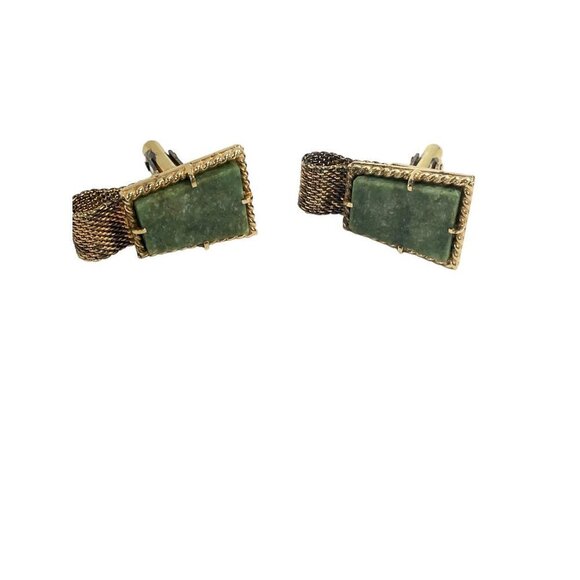 Cufflinks Tie Tack Goldtone Jade Look Stone Wraparound Mesh - Picture 2 of 5